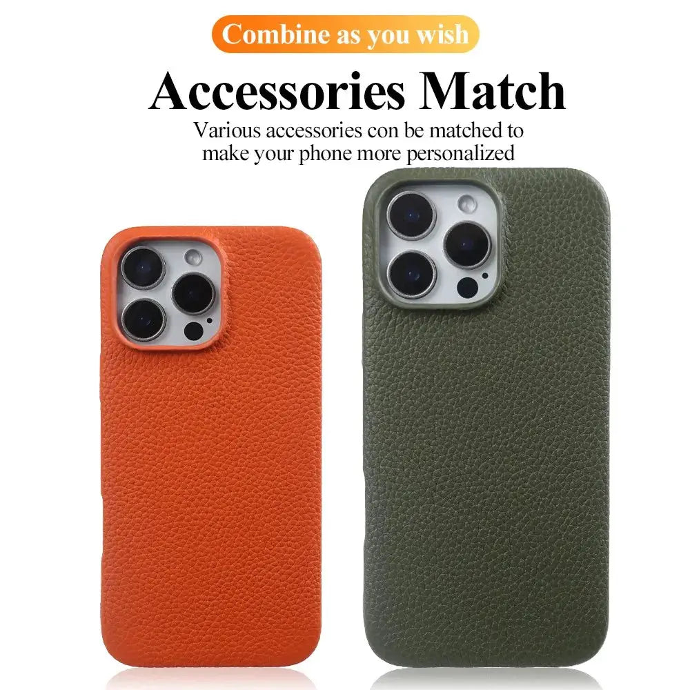 Luxury MagSafe leather phone case, genuine leather, full-wrap back cover for iPhone 16 Pro Max, orange and green (2-pack)