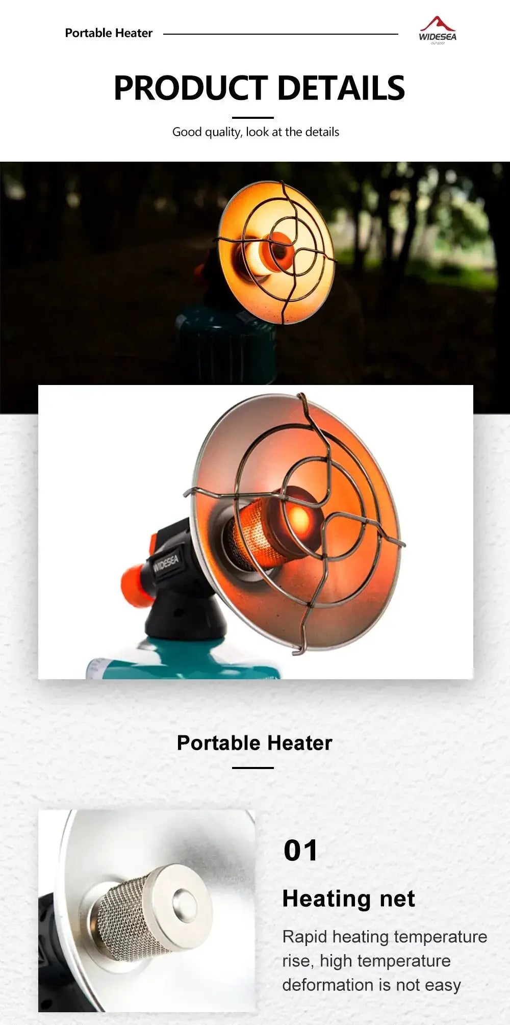 Widesea portable camping heater with stainless steel body and protective wire guard