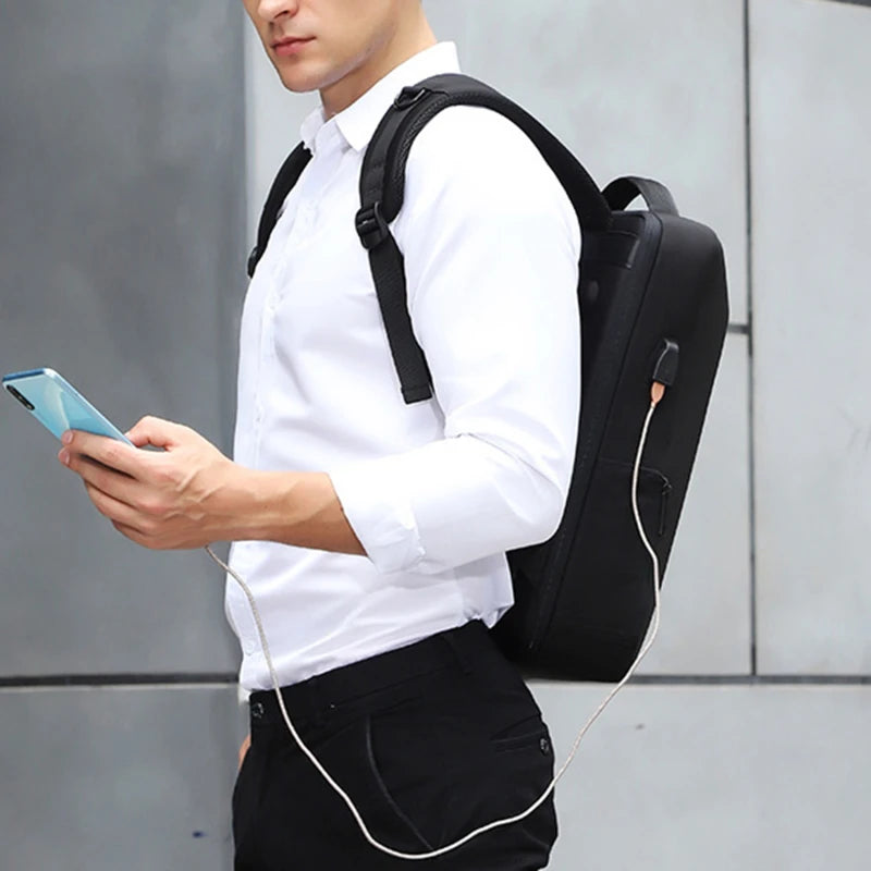 Men's black hard-shell anti-theft backpack with USB charging port