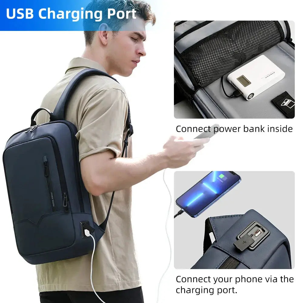 Simples Market HK Slim Backpack for Men, navy blue waterproof bag with USB charging port, fits 15.6-inch laptop