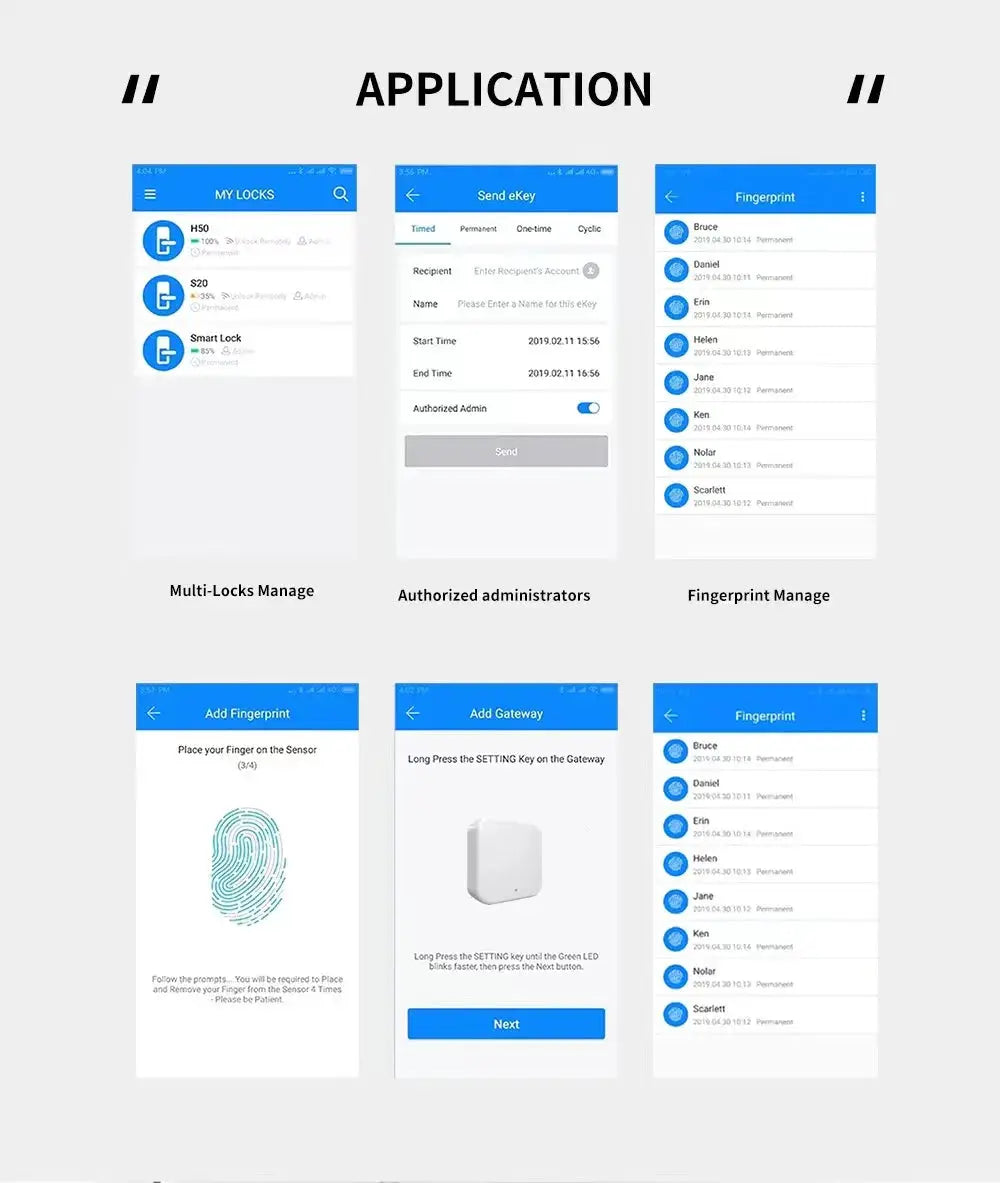 Simples Market Slim 2.8cm waterproof sliding door smart lock UI screens for fingerprint, admins, TTLock gateway