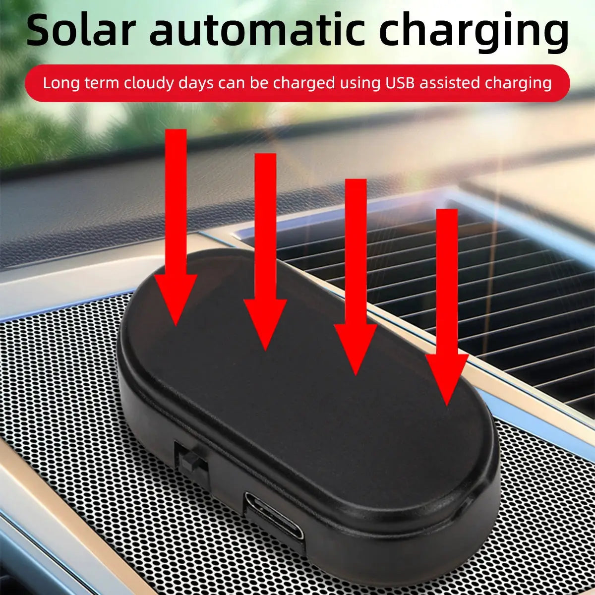 Two-piece black oval solar-powered car security light set with simulated wireless warning lights for anti-theft