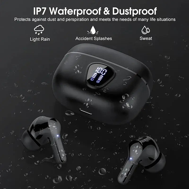 Wireless BT5.3 earbuds with LED display charging case, black, IP7 Waterproof