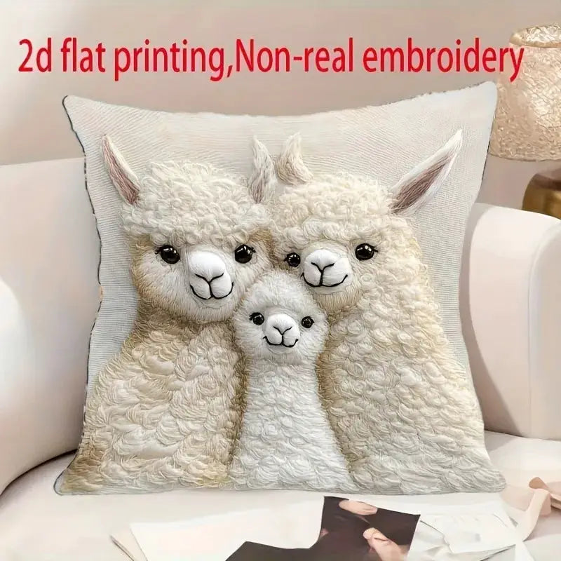 Cute alpaca family 2D flat-printed pillow cover featuring three cream alpacas on a white textured cushion