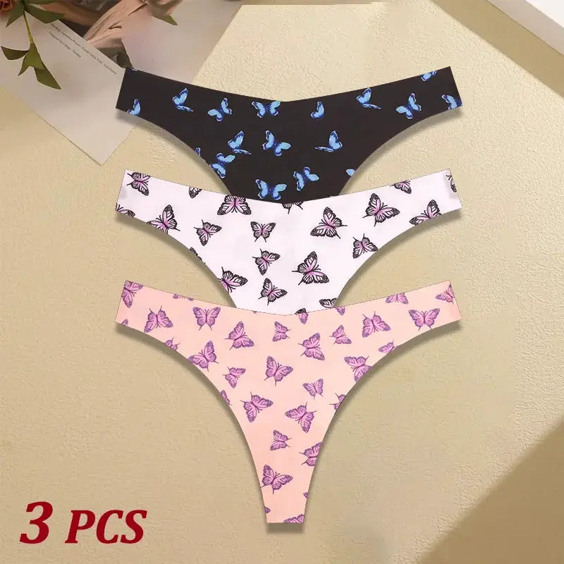 Three-piece women's butterfly-print seamless thong underwear set in black, white and pink