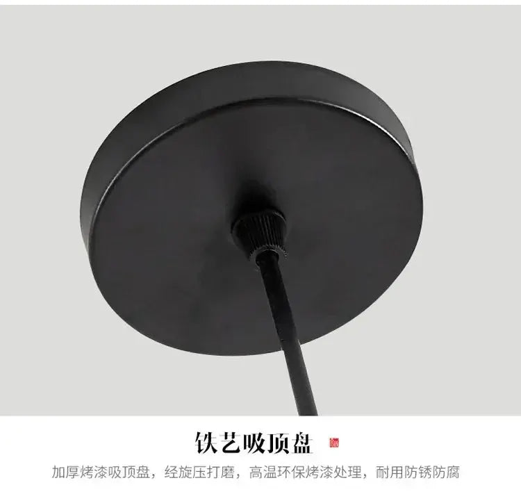 Pendant light in black metal with round ceiling canopy and hanging cord for indoor dining and living rooms