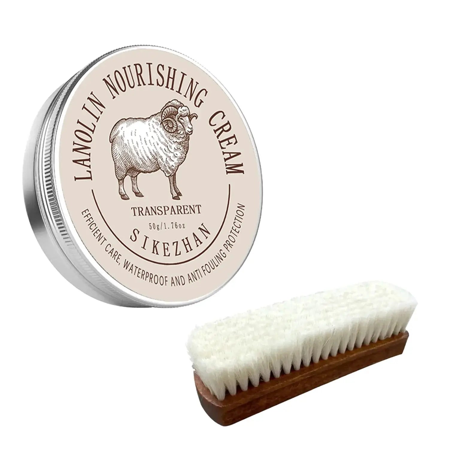 Sheep Oil Leather Conditioner and Polish Kit with Wool Brush by Simples Market, lanolin cream tin and white brush.
