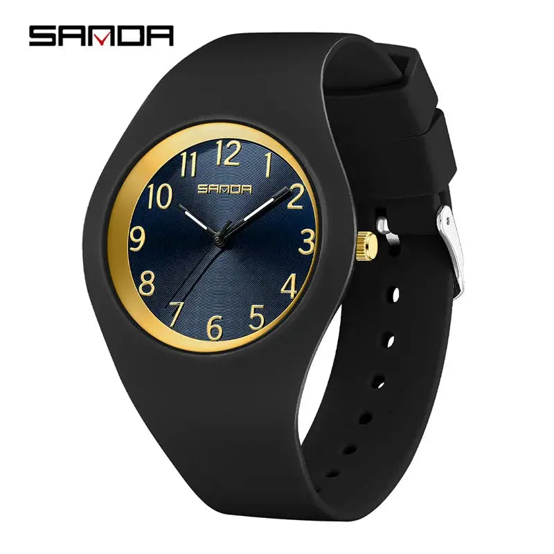 SANDA 6186 wristwatch with black silicone strap and blue dial with gold numerals