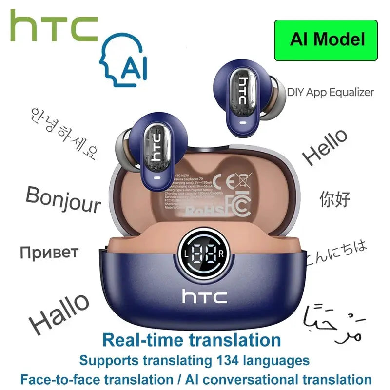 HTC NE79 wireless blue earbuds with LED display charging case and AI translation features