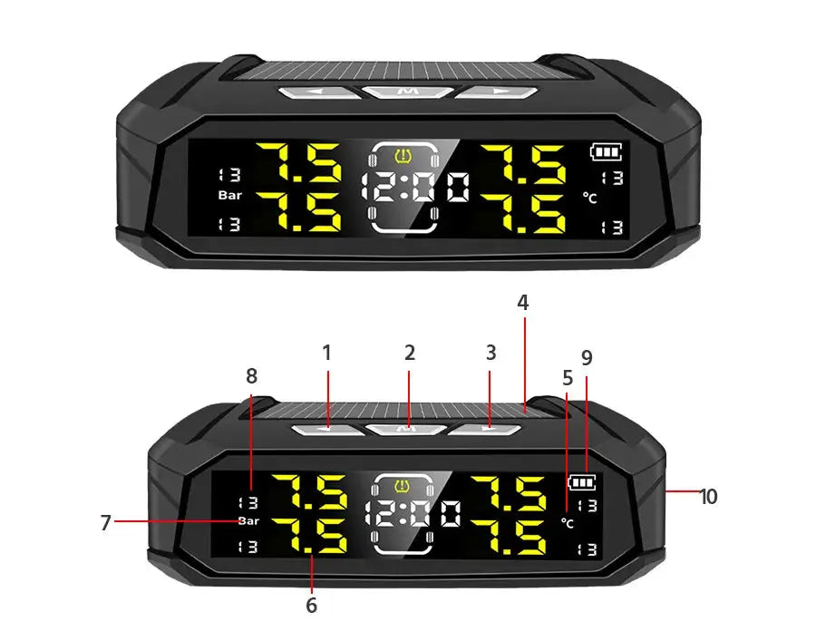 E-ACE car and truck TPMS display unit with 8 Bar smart system, solar-powered LCD clock