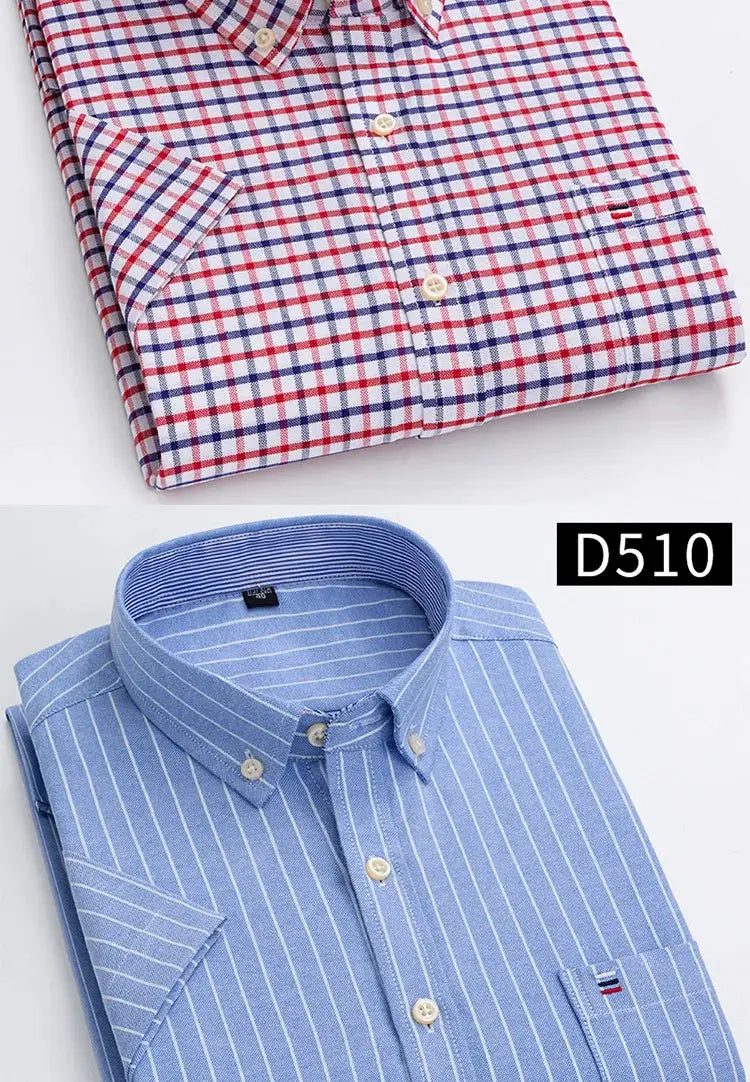Two men's shirts: red-blue plaid oxford short-sleeve and blue pinstripe cotton dress shirt with pocket, Simples Market
