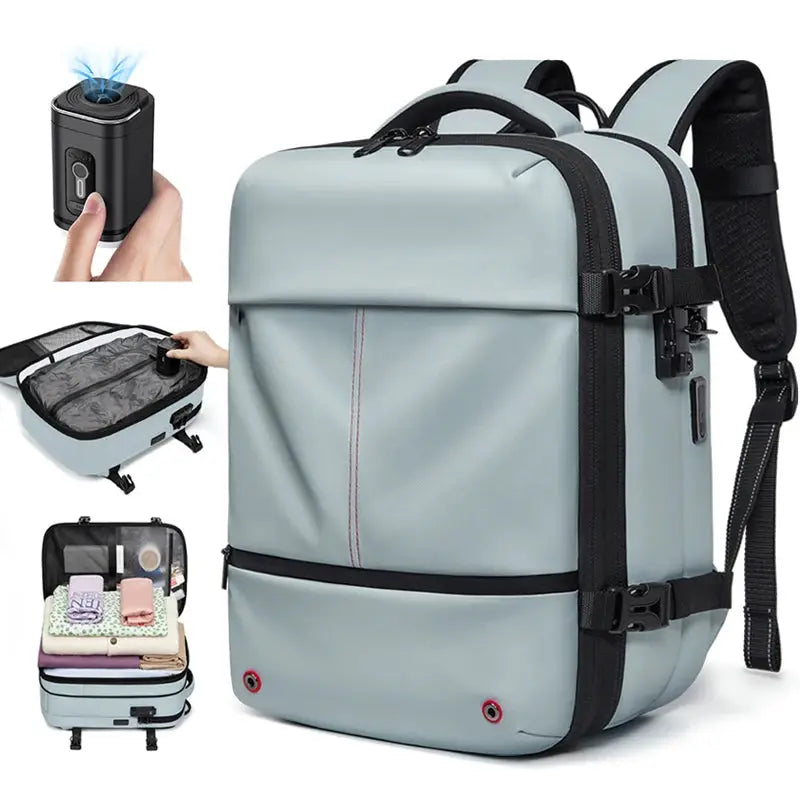 VoyagePro Travel Casual 16 Inch Vacuum Compression Laptop Backpack With USB Charging Waterproof Oxford 40L Expandable