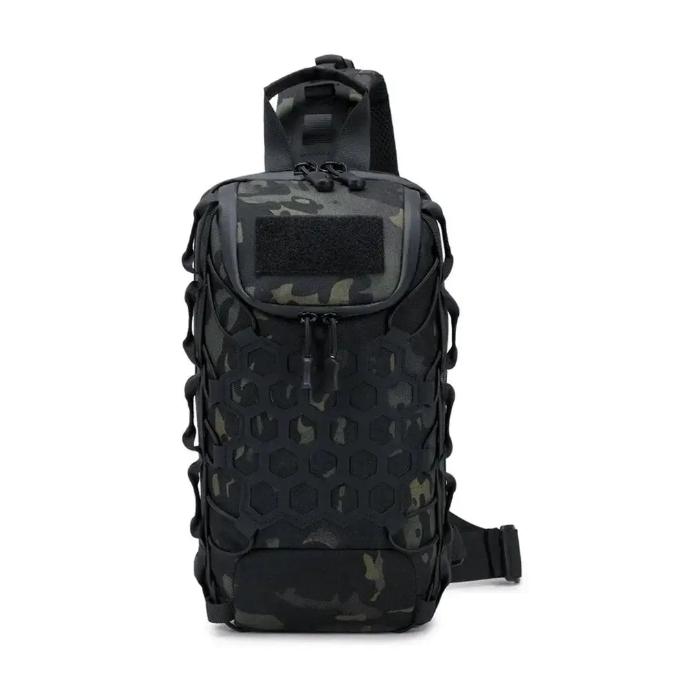 Camouflage tactical backpack with hex honeycomb front panel, top handle, and MOLLE-style side straps