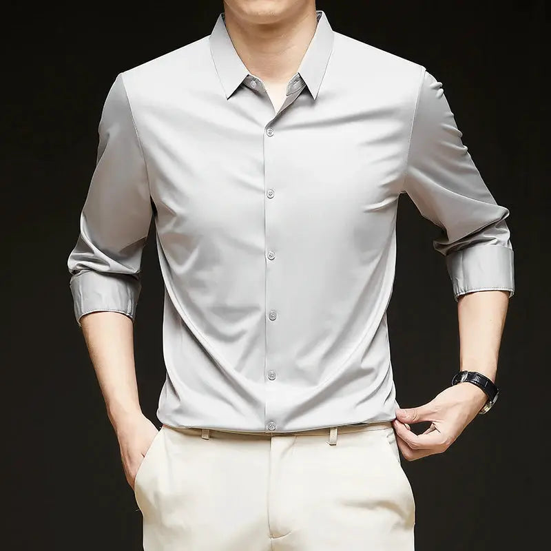 Premium men's ultra-stretch shirt by Simples Market in light gray silky fabric, long sleeves