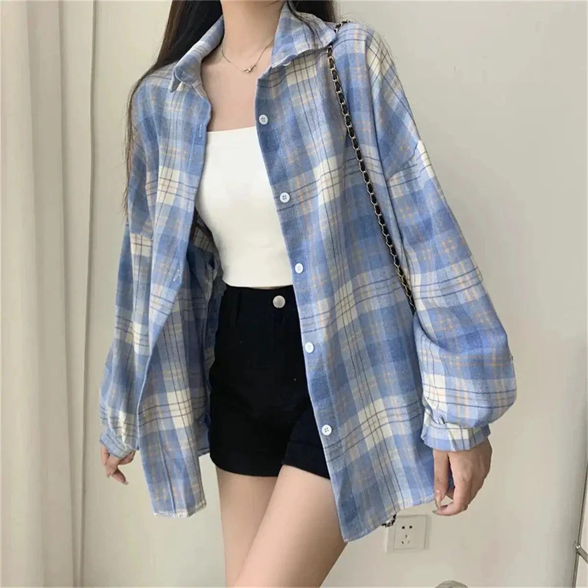 Blue plaid long-sleeve women's button-down blouse from Simples Market, casual oversized shirt