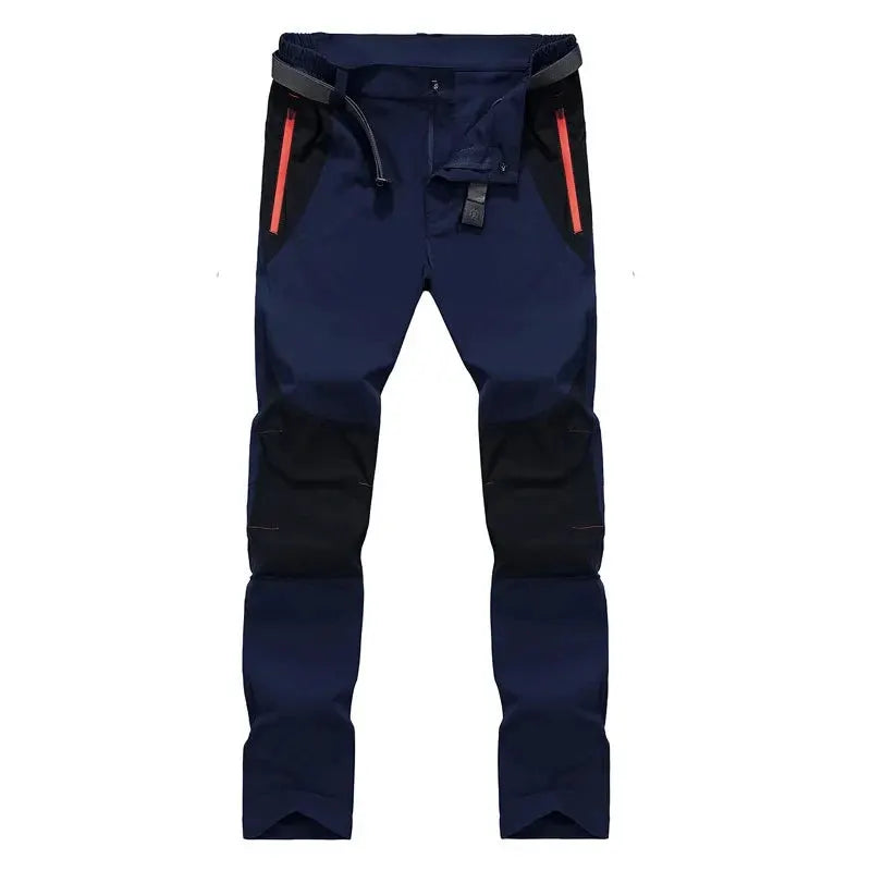Simples Market tactical waterproof cargo pants for men, navy blue quick-dry trekking trousers with red zip pockets