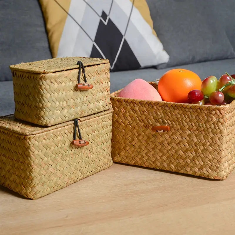 Set of three rectangular seagrass storage baskets with lids; natural color, handmade