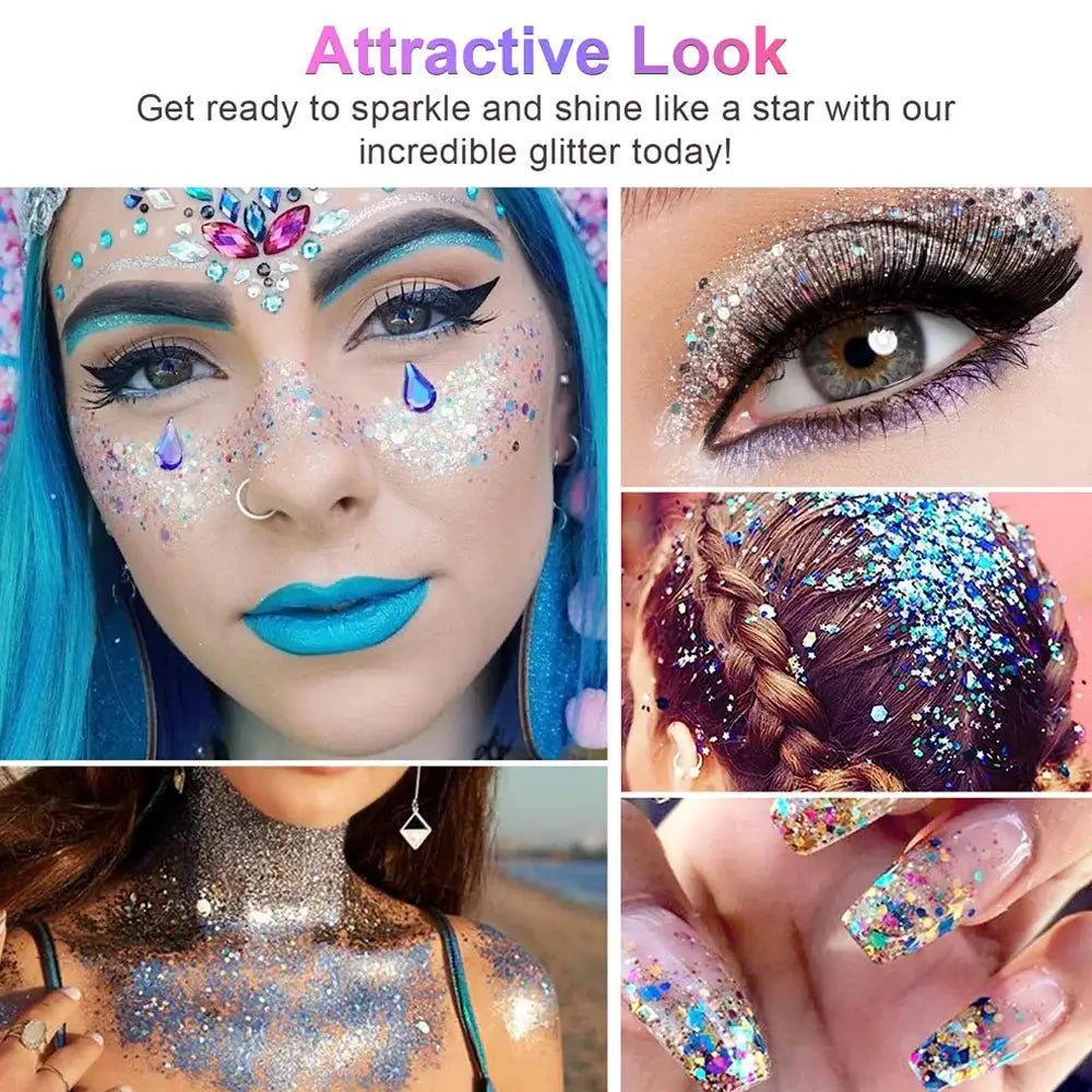 NovaGlow 12 Color Face and Body Glitter Gel with Holographic Sequins for Festivals Parties and Prom Night