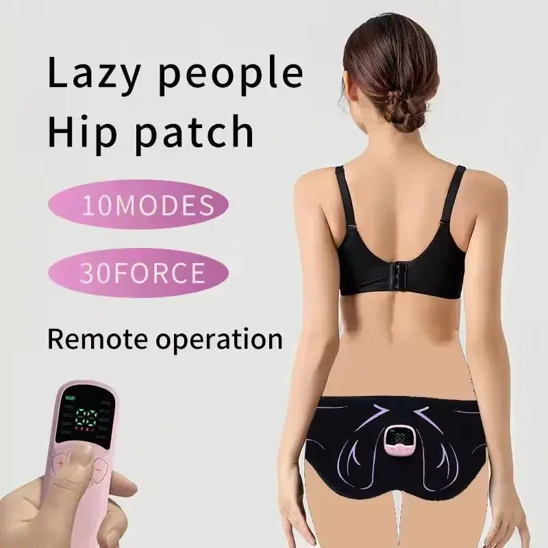 Electric EMS hips trainer with pink handheld remote, worn on buttocks over black underwear