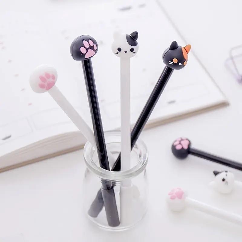 10-pack kawaii cat gel pens with paw-print toppers in black and white, ideal for writing and school stationery