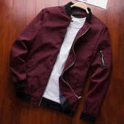 Men's burgundy bomber windbreaker jacket with zip front, black ribbed cuffs and collar, Simples Market.