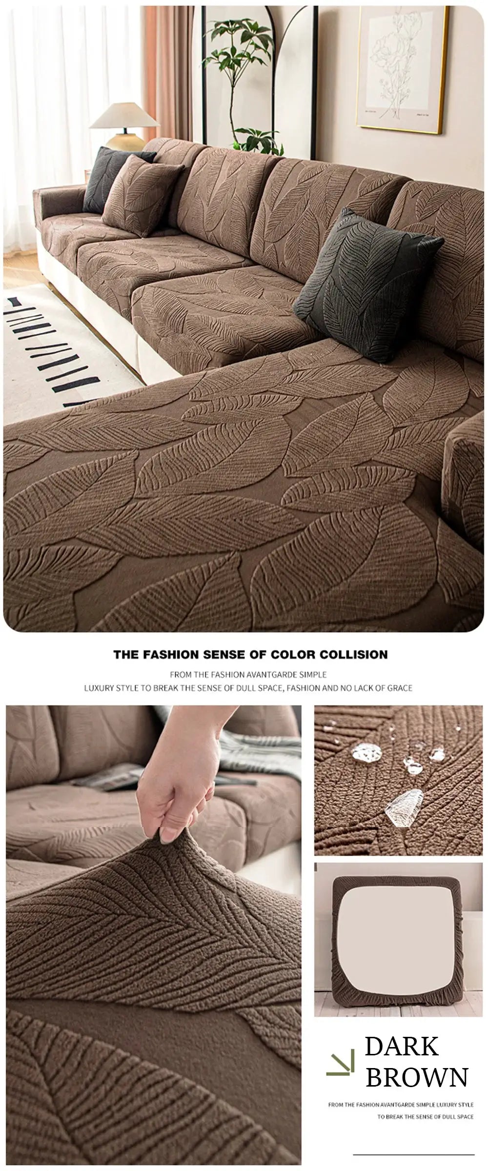 Sofa seat cushion covers in dark brown jacquard fabric, waterproof