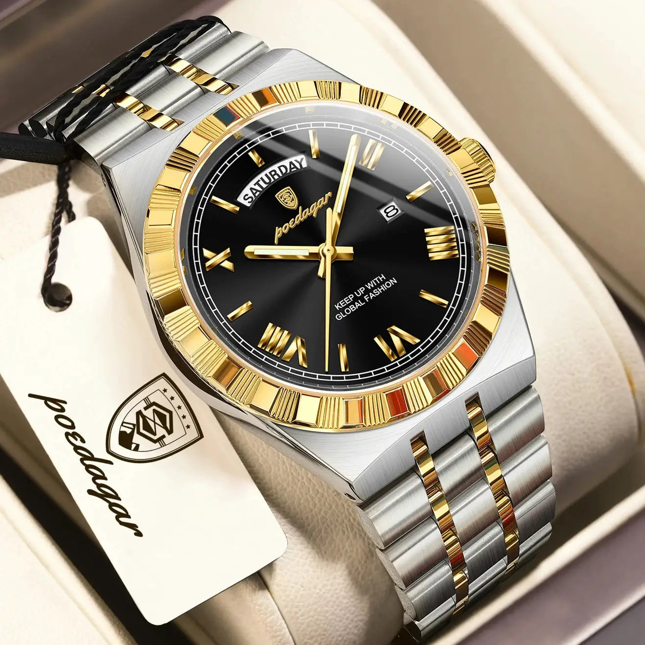 POEDAGAR men's luxury stainless steel watch with gold-tone bezel, black dial, day/date, two-tone bracelet