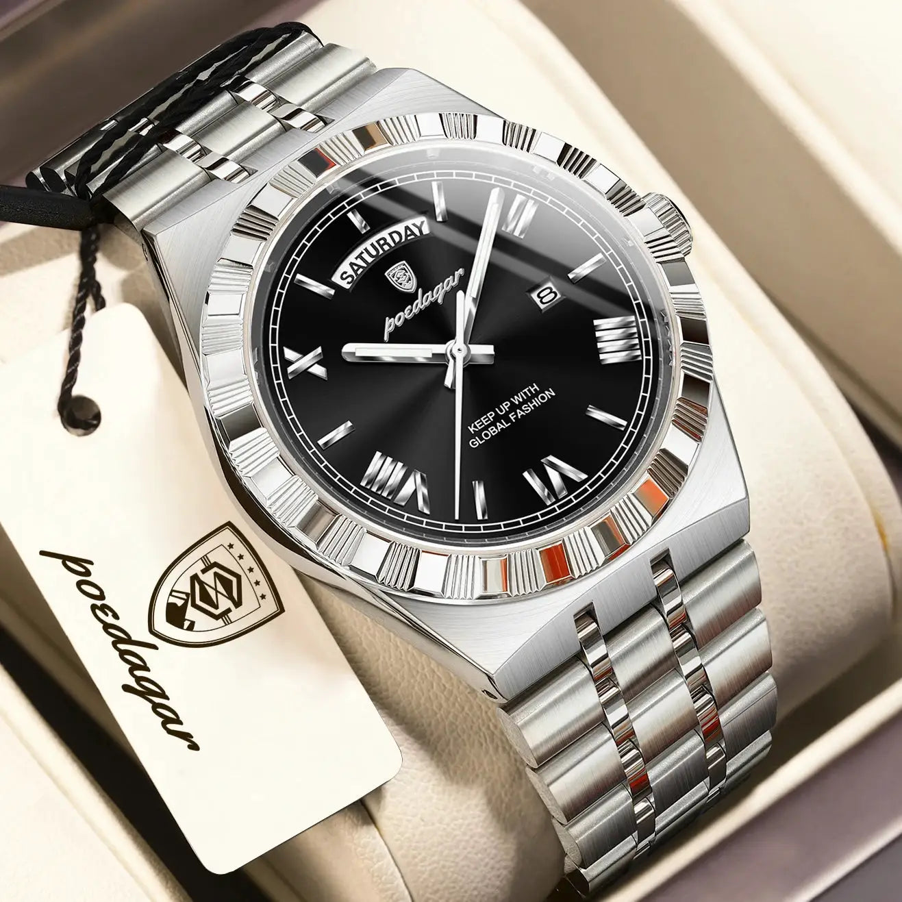 POEDAGAR stainless steel men's wristwatch with black dial, day-date display, luminous hands, and metal bracelet