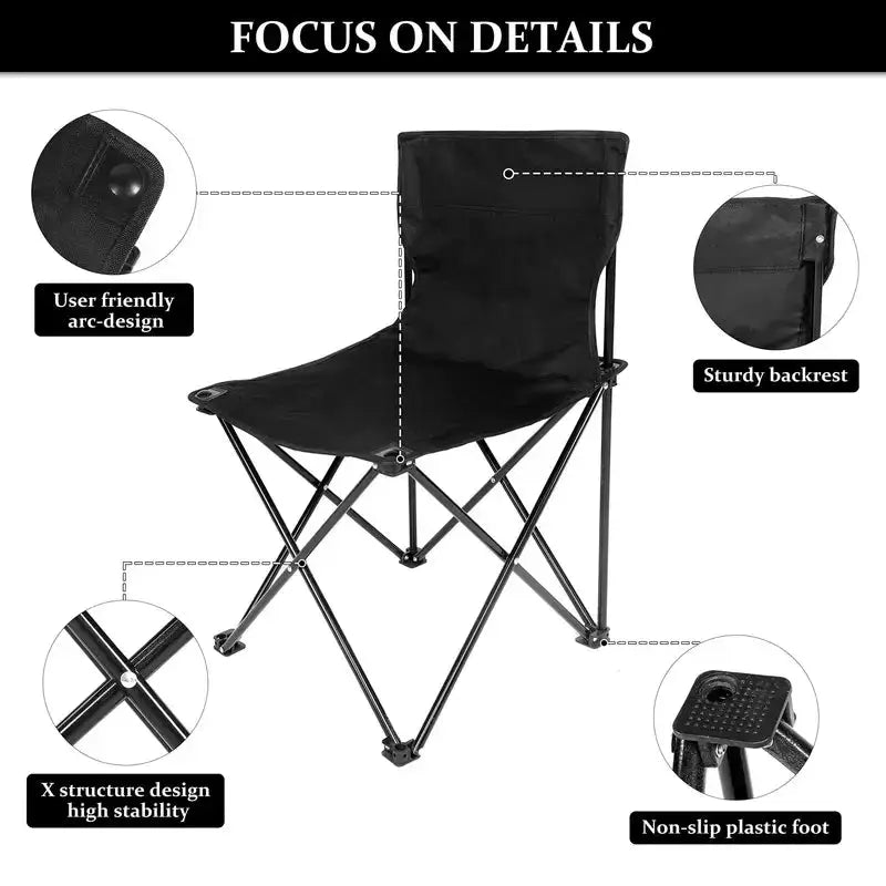 Simples Market portable folding camping chair, black Oxford cloth seat with side pocket, lightweight travel chair.