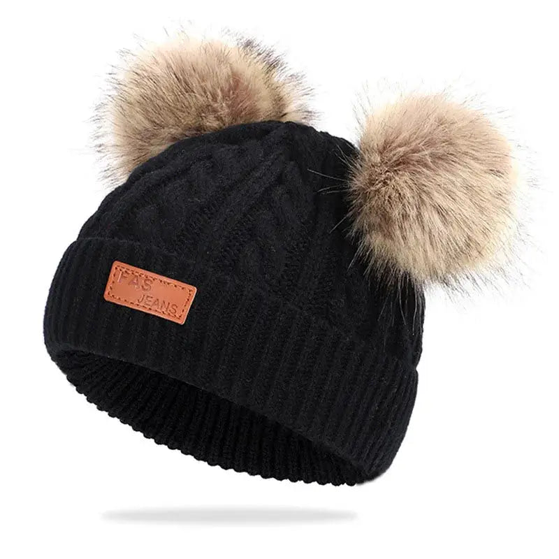 Cute Double Wool Pompom Baby Hat For Kids Warm Autumn Winter Knitted Beanie Cap For Boys And Girls