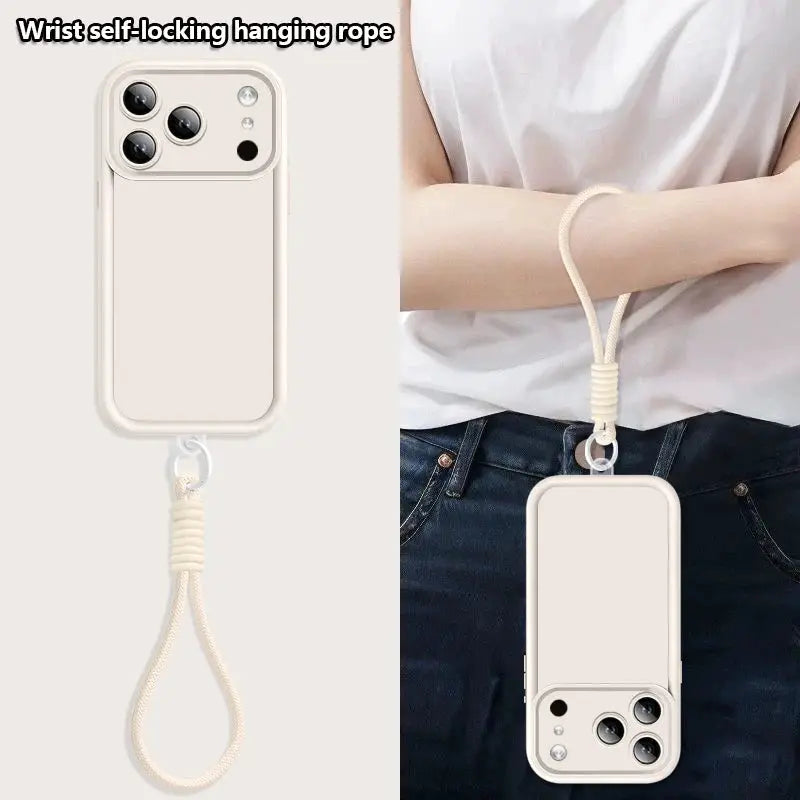 Wrist strap lanyard TPU phone case for iPhone, beige, shockproof with self-locking rope