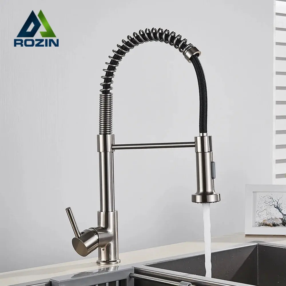 Rozin brushed-nickel deck-mounted kitchen faucet with 360° rotating spray head and pull-down sprayer