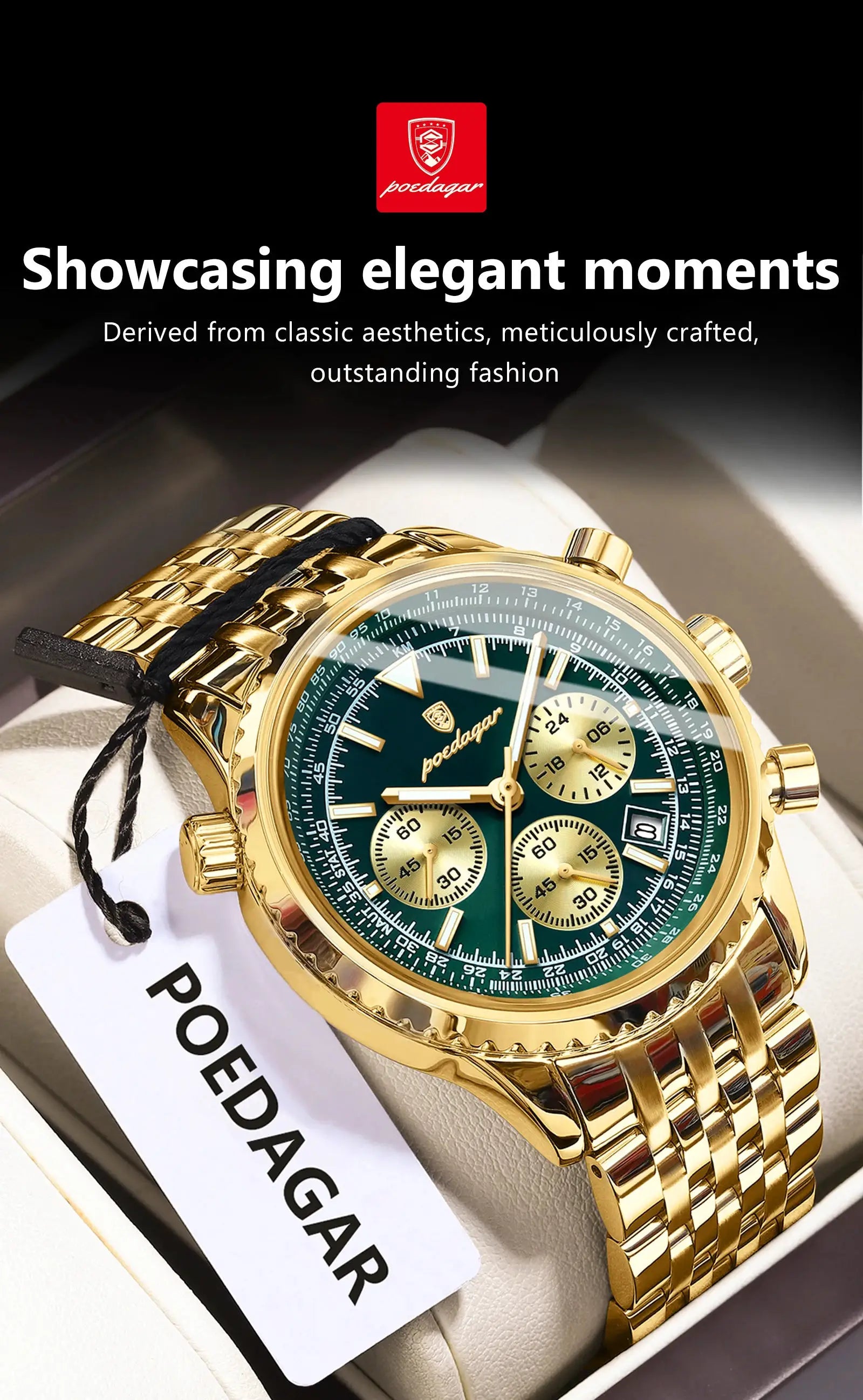 POEDAGAR men's gold stainless-steel chronograph watch with green dial and date window