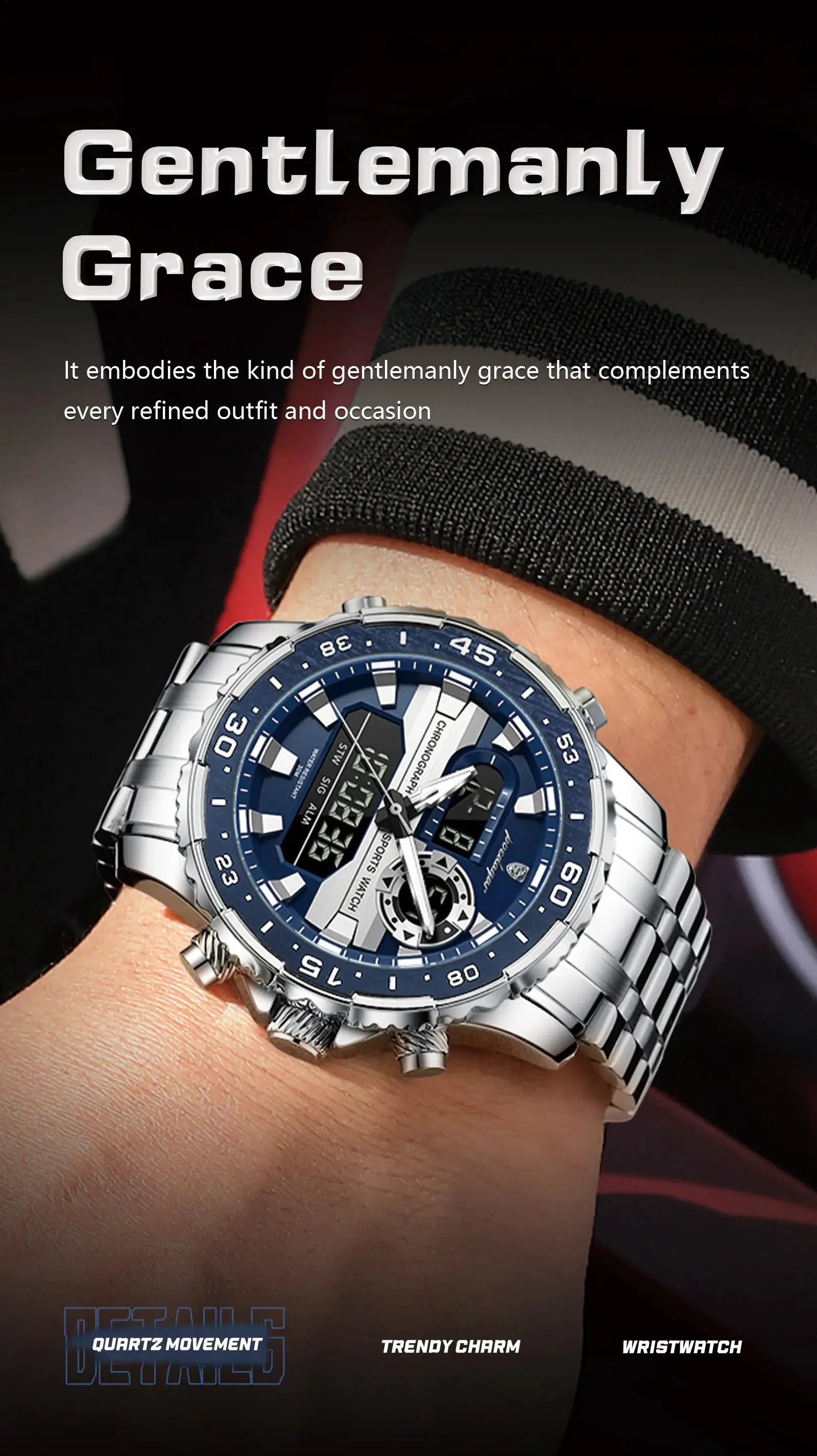 POEDAGAR electronic fashion men's wristwatch with blue dial and silver stainless-steel band, dual-time and LED display