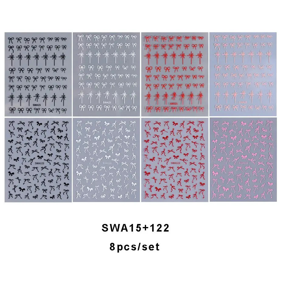 Bowknot Ribbon Nail Stickers 8pcs set; self-adhesive kawaii lace bow decals for manicure in black/white/red/pink