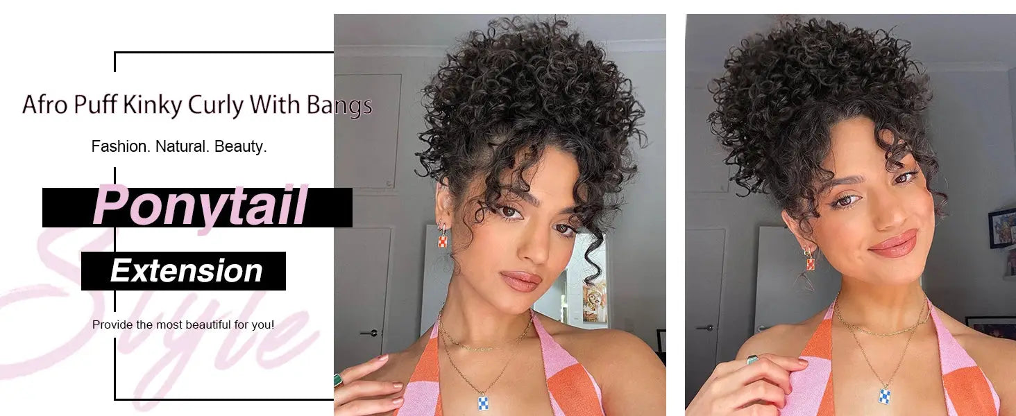 Afro Puff kinky curly drawstring ponytail extension with bangs in black synthetic hair by Simples Market