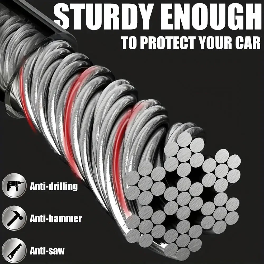 Car steering wheel lock with silver braided steel cable; universal fit and anti-drilling/anti-hammer/anti-saw.