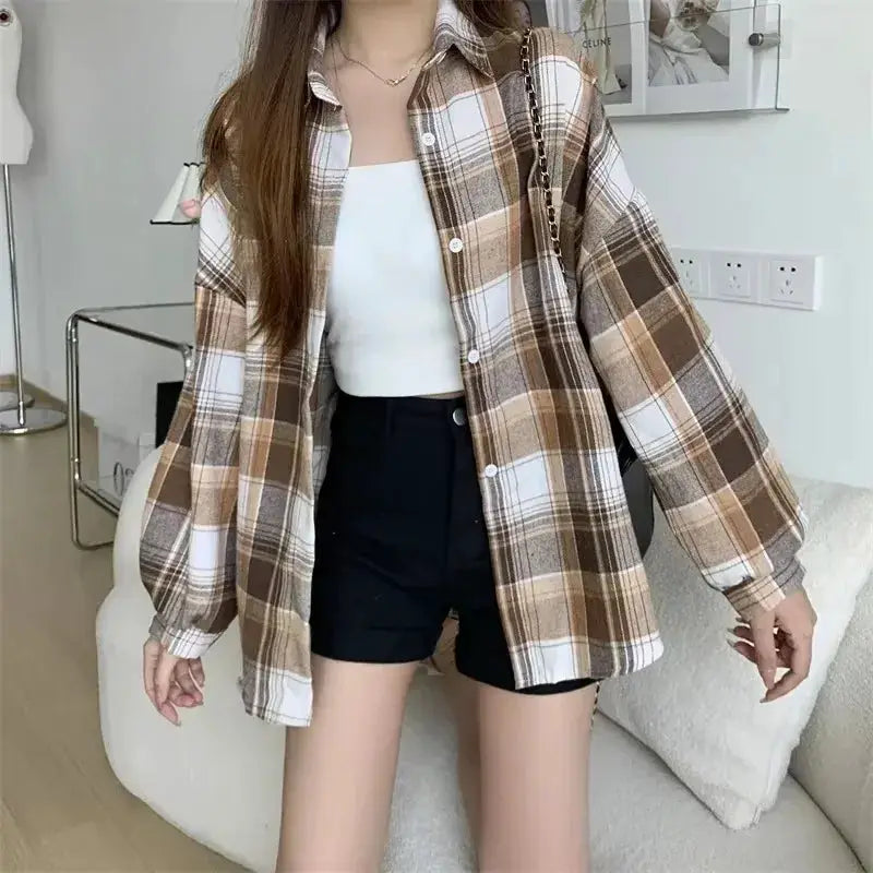 Plaid Shirt Women Autumn Long Sleeve Vintage Single Breasted Blouse Loose Check Shirts Preppy Style
