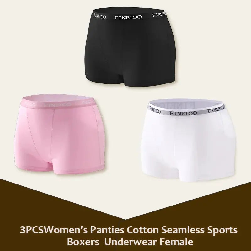 3Pcs women's cotton seamless boxer briefs set in black, pink, and white with Finetoo waistband