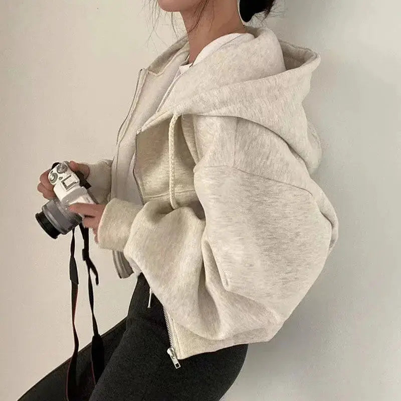 NovaLine Cropped Fleece-Lined Zip Hoodie For Women Warm Versatile Hooded Sweatshirt With Smooth Silhouette