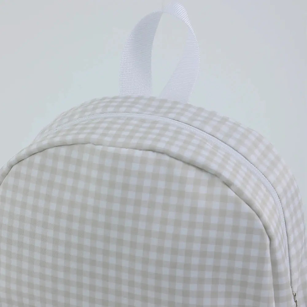 Toddler backpack beige gingham pattern with white loop handle, Simples Market lightweight kindergarten school bag