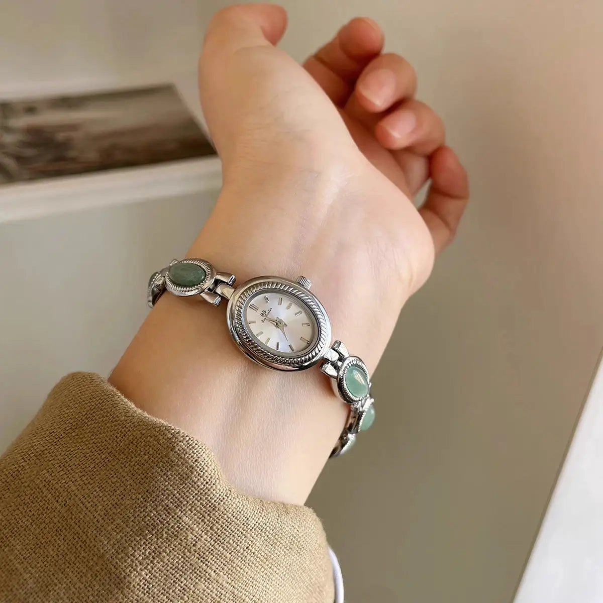 JadeLux Womens Green Jade Bracelet Wristwatch With Elegant Quartz Movement And Water Resistant Oval Case