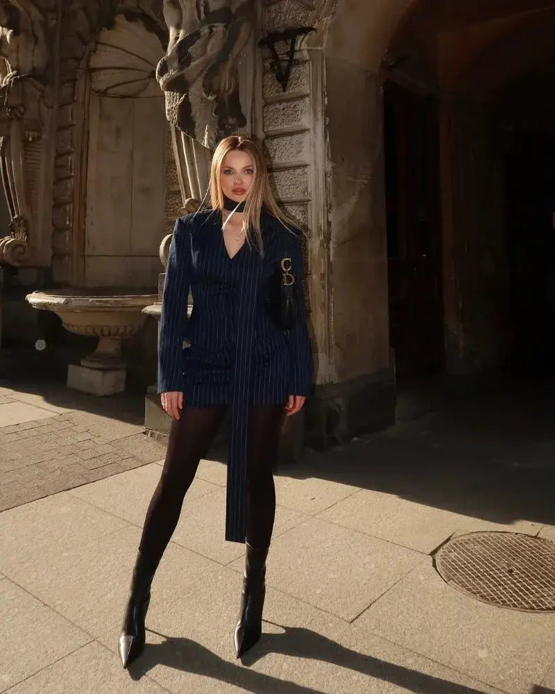 Trendix Elegant Blazer 2-Piece Navy Pinstripe Set with V-neck and scarf detail; matching bodycon skirt; Dior bag shown.