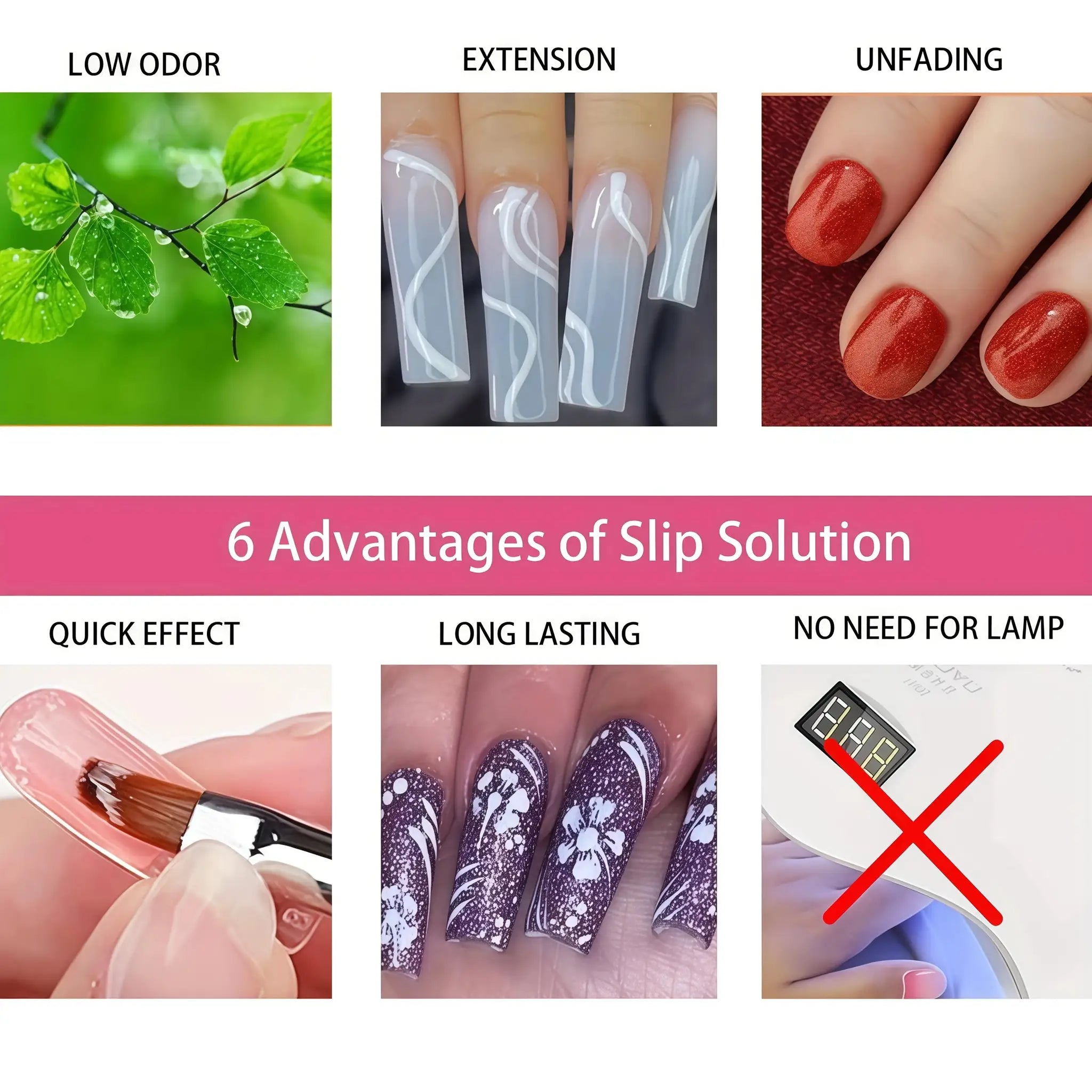 Simples Market 2in1 Gel Cleanser & Polish Remover for poly gel nails, anti-stick formula; collage of nails, greenery and red polish.