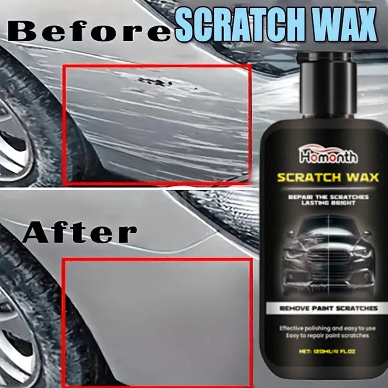 Car scratch repair wax bottle by Homonth; shows before/after scratch repair on a silver car.