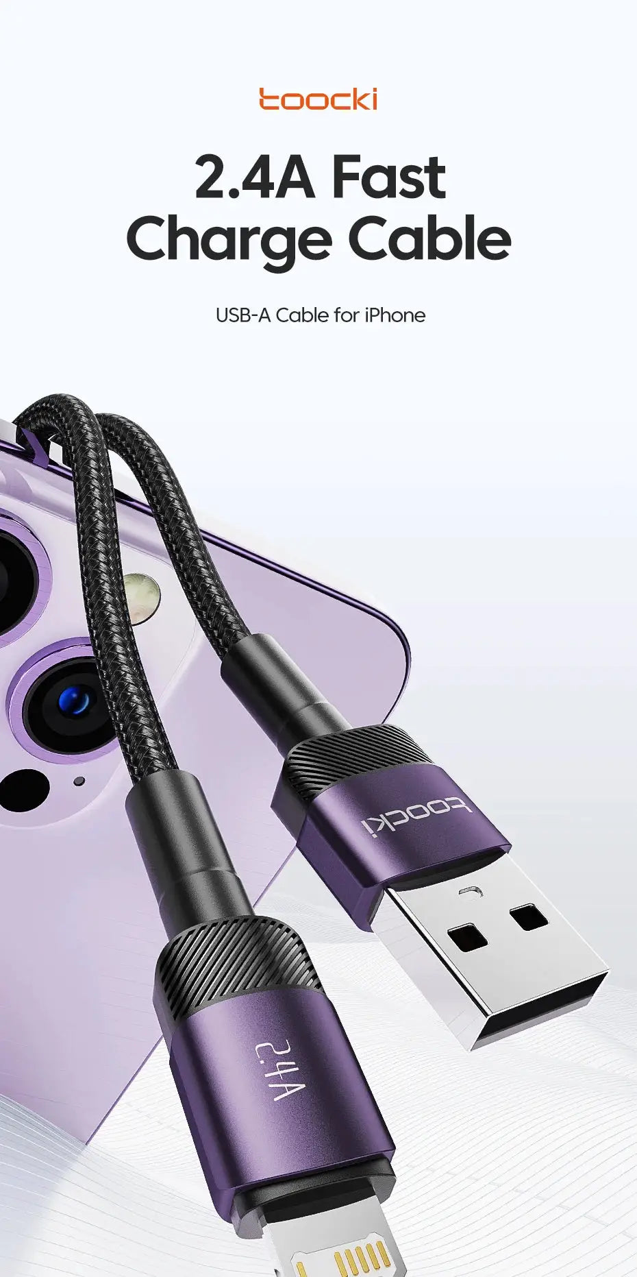 Toocki USB-A to Lightning charging cable for iPhone, purple braided design, 2.4A fast charge Simples Market