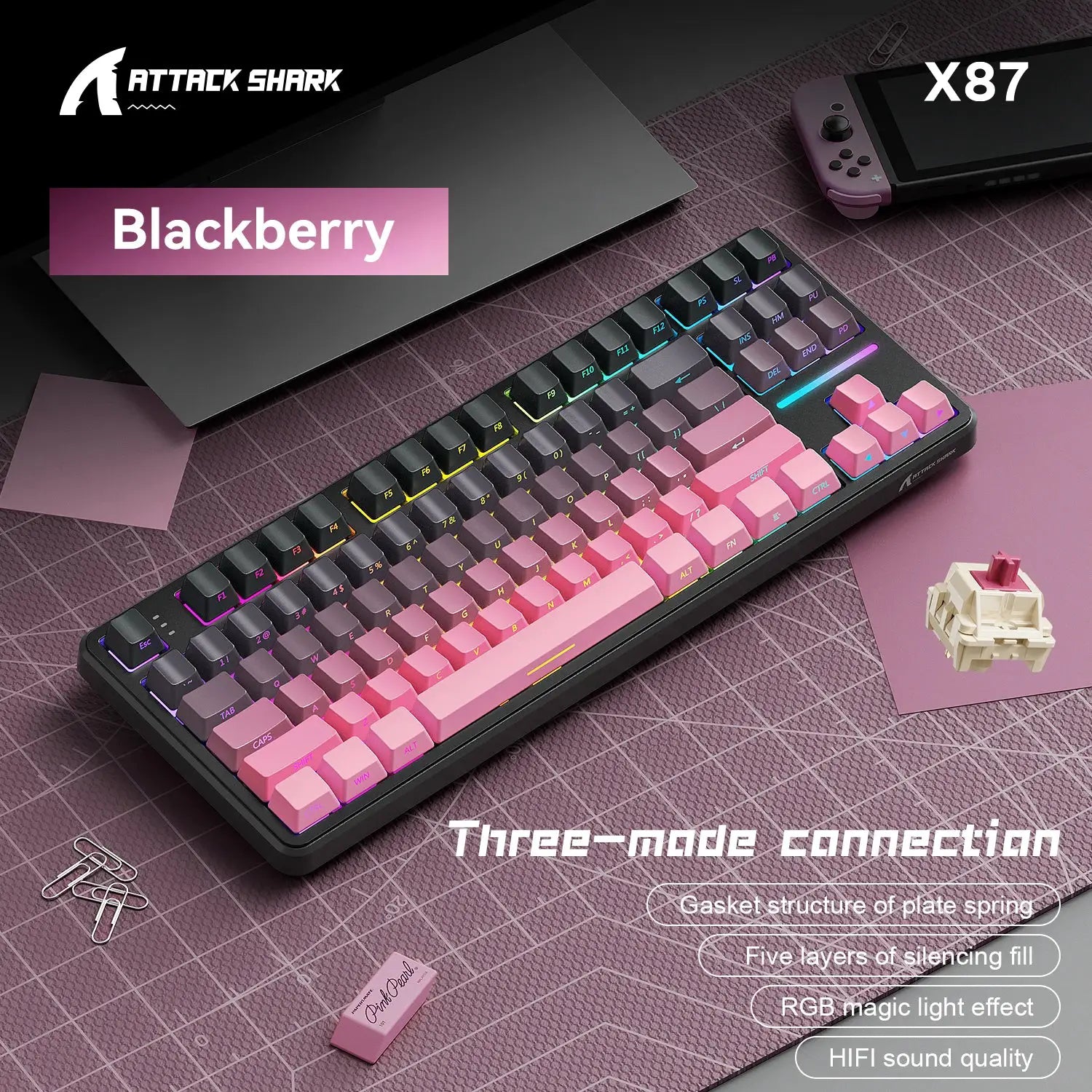 Attack Shark X87 Macro Drive Bluetooth Mechanical Keyboard 87 Key Hot Swappable RGB Lighting