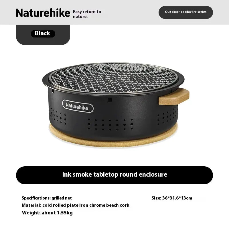 Naturehike tabletop barbecue stove, black round charcoal grill with wooden handles