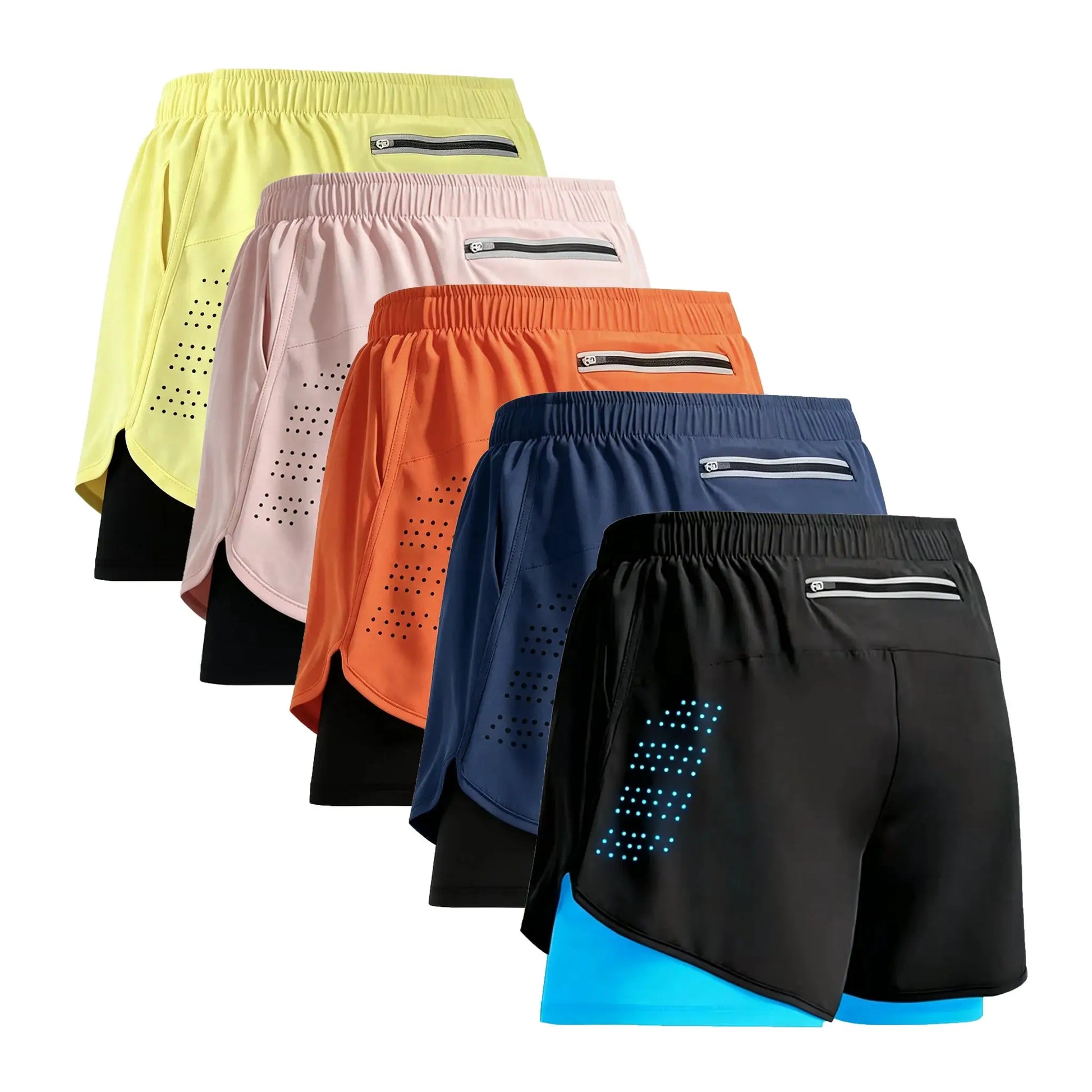 Men's double-layer quick-dry gym shorts, 5 colorways (yellow, pink, orange, blue, black).