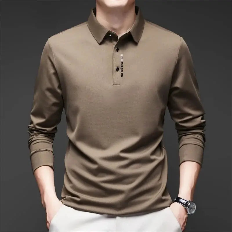 Men's khaki long-sleeve polo shirt with badge detail, solid color, collared business casual top